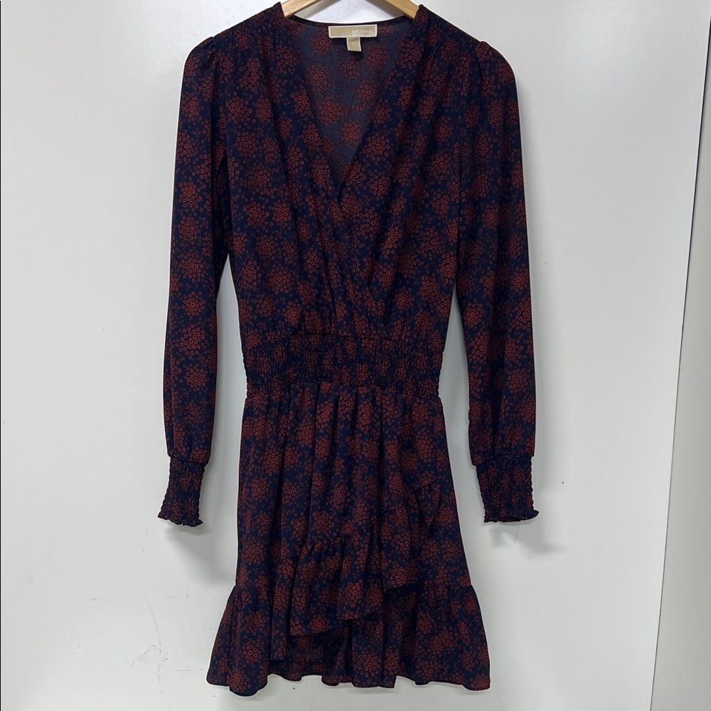 Michael Kors Dress, Mini, Blue w/Red Floral, Ruffle, L/S, V Neck, Small
